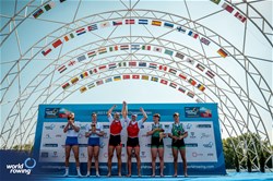 Roman Roeoesli (b), Andrin Gulich (s), Men's Pair, Switzerland, Gold, Oliver Wynne-Griffith (b), Tom George (s), Great Britain, Silver, Ross Corrigan (b), Nathan Timoney (s), Ireland, Bronze, 2023 World Rowing Championships, Belgrade, Serbia © World Rowing/Benedict Tufnell