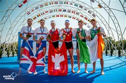 Roman Roeoesli (b), Andrin Gulich (s), Men's Pair, Switzerland, Gold, Oliver Wynne-Griffith (b), Tom George (s), Great Britain, Silver, Ross Corrigan (b), Nathan Timoney (s), Ireland, Bronze, 2023 World Rowing Championships, Belgrade, Serbia © World Rowing/Benedict Tufnell