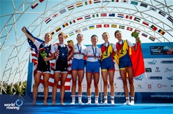 Emily Craig (b), Imogen Grant (s), Lightweight Women's Double Sculls, Great Britain, Gold, Michelle Sechser (b), Mary Jones (s), United States of America, Silver, Mariana-Laura Dumitru (b), Ionela Cozmiuc (s), Romania, Bronze, 2023 World Rowing Championships, Belgrade, Serbia © World Rowing/Benedict Tufnell