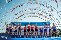 Marloes Oldenburg (b), Hermijntje Drenth, Tinka Offereins, Benthe Boonstra (s), Women's Four, Netherlands, Gold, Madalina Beres (b), Maria Tivodariu, Magdalena Rusu, Amalia Beres (s), Romania, Silver, Heidi Long (b), Rowan Mckellar, Helen Glover, Rebecca Shorten (s), Great Britain, Bronze, 2023 World Rowing Championships, Belgrade, Serbia © World Rowing/Benedict Tufnell