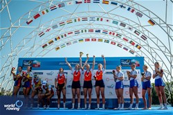 Marloes Oldenburg (b), Hermijntje Drenth, Tinka Offereins, Benthe Boonstra (s), Women's Four, Netherlands, Gold, Madalina Beres (b), Maria Tivodariu, Magdalena Rusu, Amalia Beres (s), Romania, Silver, Heidi Long (b), Rowan Mckellar, Helen Glover, Rebecca Shorten (s), Great Britain, Bronze, 2023 World Rowing Championships, Belgrade, Serbia © World Rowing/Benedict Tufnell