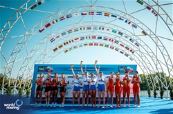 Lauren Henry (b), Hannah Scott, Lola Anderson, Georgina Brayshaw (s), Women's Quadruple Sculls, Great Britain, Gold, Yunxia Chen (b), Ling Zhang, Yang Lyu, Xiaotong Cui (s), People's Republic of China, Bronze, 2023 World Rowing Championships, Belgrade, Serbia © World Rowing/Benedict Tufnell