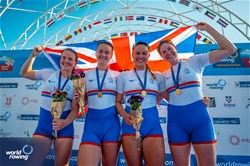Lauren Henry (b), Hannah Scott, Lola Anderson, Georgina Brayshaw (s), Women's Quadruple Sculls, Great Britain, Gold, 2023 World Rowing Championships, Belgrade, Serbia © World Rowing/Benedict Tufnell
