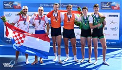 Melvin Twellaar (b), Stefan Broenink (s), Men's Double Sculls, Netherlands, Gold, Martin Sinkovic (b), Valent Sinkovic (s), Croatia, Silver, Daire Lynch (b), Philip Doyle (s), Ireland, Bronze, 2023 World Rowing Championships, Belgrade, Serbia © Detlev Seyb / MyRowingPhoto.com