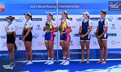 Ancuta Bodnar (b), Simona Radis (s), Women's Double Sculls, Romania, Gold, Donata Karaliene (b), Dovile Rimkute (s), Lithuania, Silver, Kristina Wagner (b), Sophia Vitas (s), United States of America, Bronze, 2023 World Rowing Championships, Belgrade, Serbia © Detlev Seyb / MyRowingPhoto.com