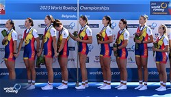 Magdalena Rusu (b), Roxana Anghel, Adriana Adam, Iuliana Buhus, Madalina Beres, Maria Tivodariu, Ioana Vrinceanu, Amalia Beres (s), Victoria-Stefania Petreanu (c), Women's Eight, Romania, Gold, 2023 World Rowing Championships, Belgrade, Serbia © Detlev Seyb / MyRowingPhoto.com