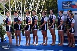 Emily Froehlich (b), Margaret Hedeman, Jessica Thoennes, Regina Salmons, Alina Hagstrom, Brooke Mooney, Mary Mazzio-Manson, Charlotte Buck (s), Cristina Castagna (c), Women's Eight, United States of America, Silver, 2023 World Rowing Championships, Belgrade, Serbia © Detlev Seyb / MyRowingPhoto.com