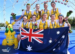 Paige Barr (b), Georgie Gleeson, Olympia Aldersey, Lily Alton Triggs, Georgina Rowe, Jacqueline Swick, Molly Goodman, Bronwyn Cox (s), Hayley Verbunt (c), Women's Eight, Australia, Bronze, 2023 World Rowing Championships, Belgrade, Serbia © Detlev Seyb / MyRowingPhoto.com