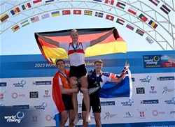Oliver Zeidler, Men's Single Sculls, Germany, Gold, Simon Van Dorp, Netherlands, Silver, Thomas Mackintosh, New Zealand, Bronze, 2023 World Rowing Championships, Belgrade, Serbia © Detlev Seyb / MyRowingPhoto.com