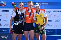 Karolien Florijn, Women's Single Sculls, Netherlands, Gold, Emma Twigg, New Zealand, Silver, Tara Rigney, Australia, Bronze, 2023 World Rowing Championships, Belgrade, Serbia © Detlev Seyb / MyRowingPhoto.com