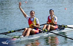 Ancuta Bodnar (b), Simona Radis (s), Women's Double Sculls, Romania, Gold, 2023 World Rowing Championships, Belgrade, Serbia © Detlev Seyb / MyRowingPhoto.com