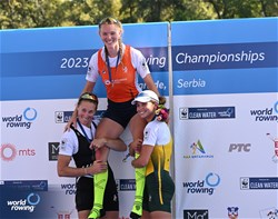 Karolien Florijn, Women's Single Sculls, Netherlands, Gold, Emma Twigg, New Zealand, Silver, Tara Rigney, Australia, Bronze, 2023 World Rowing Championships, Belgrade, Serbia © Detlev Seyb / MyRowingPhoto.com