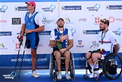 Roman Polianskyi, PR1 Mens Single Sculls, Ukraine, Gold, Giacomo Perini, Italy, Silver, Benjamin Pritchard, Great Britain, Bronze, 2023 World Rowing Championships, Belgrade, Serbia © Detlev Seyb / MyRowingPhoto.com
