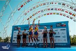 Ancuta Bodnar (b), Simona Radis (s), Women's Double Sculls, Romania, Gold, Donata Karaliene (b), Dovile Rimkute (s), Lithuania, Silver, Kristina Wagner (b), Sophia Vitas (s), United States of America, Bronze, 2023 World Rowing Championships, Belgrade, Serbia © World Rowing/Benedict Tufnell