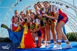 Magdalena Rusu (b), Roxana Anghel, Adriana Adam, Iuliana Buhus, Madalina Beres, Maria Tivodariu, Ioana Vrinceanu, Amalia Beres (s), Victoria-Stefania Petreanu (c), Women's Eight, Romania, Gold, 2023 World Rowing Championships, Belgrade, Serbia © World Rowing/Benedict Tufnell