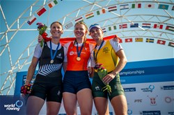 Karolien Florijn, Women's Single Sculls, Netherlands, Gold, Emma Twigg, New Zealand, Silver, Tara Rigney, Australia, Bronze, 2023 World Rowing Championships, Belgrade, Serbia © World Rowing/Benedict Tufnell