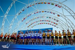 Jacob Dawson (b), Morgan Bolding, Rory Gibbs, Sholto Carnegie, Charles Elwes, Thomas Digby, James Rudkin, Tom Ford (s), Harry Brightmore (c), Men's Eight, Great Britain, Gold, 2023 World Rowing Championships, Belgrade, Serbia © World Rowing/Benedict Tufnell