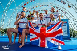 Jacob Dawson (b), Morgan Bolding, Rory Gibbs, Sholto Carnegie, Charles Elwes, Thomas Digby, James Rudkin, Tom Ford (s), Harry Brightmore (c), Men's Eight, Great Britain, Gold, 2023 World Rowing Championships, Belgrade, Serbia © World Rowing/Benedict Tufnell