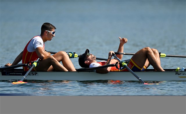 Aleix Garcia Pujolar (b), Rodrigo Conde Romero (s), Men's Double Sculls, Spain, 2023 World Rowing Championships, Belgrade, Serbia © Detlev Seyb / MyRowingPhoto.com
