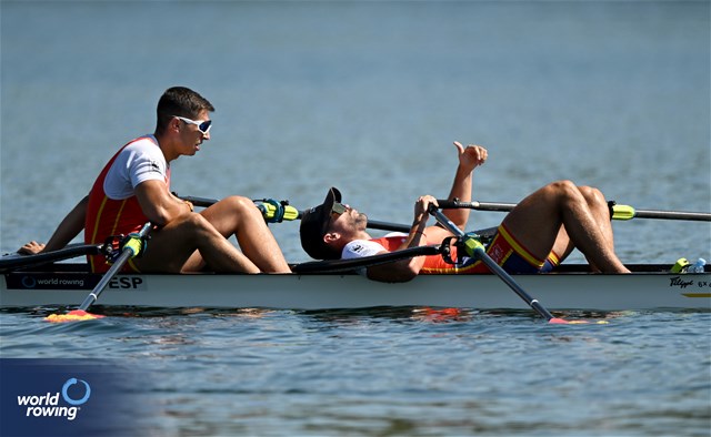 Aleix Garcia Pujolar (b), Rodrigo Conde Romero (s), Men's Double Sculls, Spain, 2023 World Rowing Championships, Belgrade, Serbia © Detlev Seyb / MyRowingPhoto.com