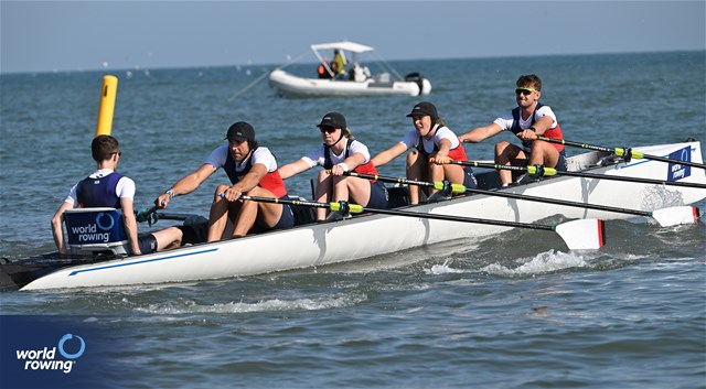 Jeremiah 'Jerry' Owen (b), Natacha Searson, Ruth Siddorn, Charles Cousins (s), Ryan Glymond (c), Coastal Mixed Coxed Quadruple Sculls, Great Britain, 2023 World Rowing Beach Sprint Finals, Barletta, Puglia, Italy / Detlev Seyb / MyRowingPhoto.com
