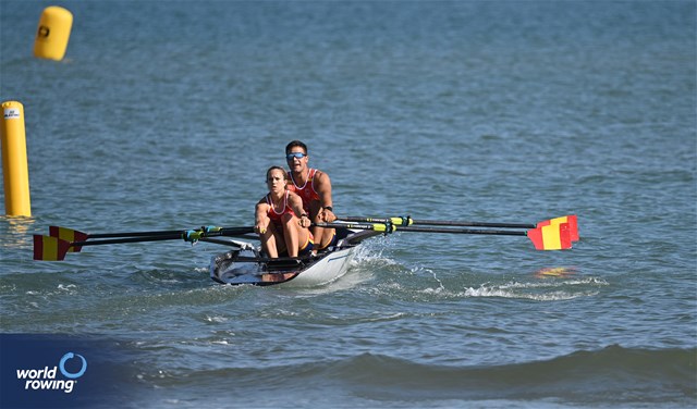 Ander Martin (b), Nadia Felipe Garcia (s), Coastal Mixed Double Sculls, Spain, 2023 World Rowing Beach Sprint Finals, Barletta, Puglia, Italy / Detlev Seyb / MyRowingPhoto.com