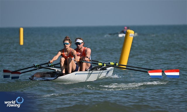Wietse Morreau (b), Karien Robbers (s), Coastal Mixed Double Sculls, Netherlands, 2023 World Rowing Beach Sprint Finals, Barletta, Puglia, Italy / Detlev Seyb / MyRowingPhoto.com