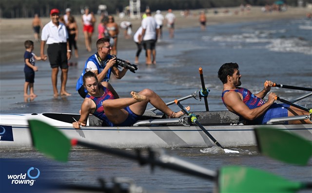 Aslihan Akkay (b), Onat Kazakli (s), Coastal Mixed Double Sculls, Turkiye, 2023 World Rowing Beach Sprint Finals, Barletta, Puglia, Italy / Detlev Seyb / MyRowingPhoto.com