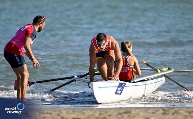 Ander Martin (b), Nadia Felipe Garcia (s), Coastal Mixed Double Sculls, Spain, 2023 World Rowing Beach Sprint Finals, Barletta, Puglia, Italy / Detlev Seyb / MyRowingPhoto.com