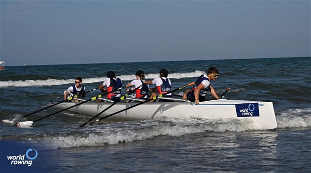 Jeremiah 'Jerry' Owen (b), Natacha Searson, Ruth Siddorn, Charles Cousins (s), Ryan Glymond (c), Coastal Mixed Coxed Quadruple Sculls, Great Britain, 2023 World Rowing Beach Sprint Finals, Barletta, Puglia, Italy / Detlev Seyb / MyRowingPhoto.com