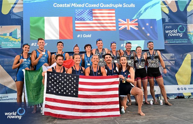 Christopher Bak (b), Jeni Sorli, Alexa Mc Auliffe, Kory Rogers (s), Coral Marie Kasden (c), Coastal Mixed Coxed Quadruple Sculls, United States of America, Gold, Maria Elena Zerboni (b), Gustavo Ferrio, Lorenzo Gaione, Samantha Premerl (s), Filippo Wiesenfeld (c), Italy, Silver, Michael Brake (b), Kristen Froude, Joseph Sullivan, Jackie Kiddle (s), Matthew Robert George Dunham (c), New Zealand, Bronze, 2023 World Rowing Beach Sprint Finals, Barletta, Puglia, Italy / Detlev Seyb / MyRowingPhoto.com