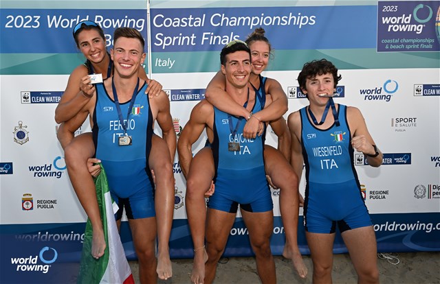 Maria Elena Zerboni (b), Gustavo Ferrio, Lorenzo Gaione, Samantha Premerl (s), Filippo Wiesenfeld (c), Coastal Mixed Coxed Quadruple Sculls, Italy, Silver, 2023 World Rowing Beach Sprint Finals, Barletta, Puglia, Italy / Detlev Seyb / MyRowingPhoto.com