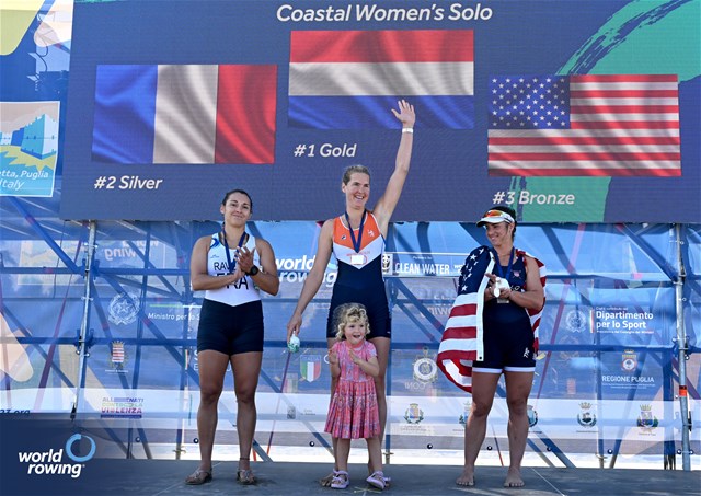 Janneke Van Der Meulen, Coastal Women's Solo, Netherlands, Gold, Elodie Ravera-Scaramozzino, France, Silver, Christine Cavallo, United States of America, Bronze, 2023 World Rowing Beach Sprint Finals, Barletta, Puglia, Italy / Detlev Seyb / MyRowingPhoto.com