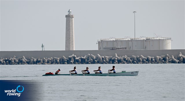 Dieuwertje Den Besten (b), Linn Van Aanholt, Janneke Van Der Meulen, Karien Robbers (s), Dieuwke Fetter (c), Coastal Women's Coxed Quadruple Sculls, Hollandia RC, Netherlands, 2023 World Rowing Coastal Championships, Barletta, Italy / © Detlev Seyb / MyRowingPhoto.com