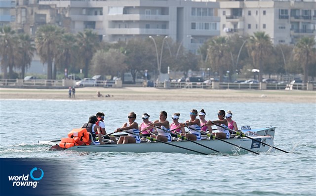 Maria Elena Zerboni (b), Annalisa Cozzarini, Giorgia Gregorutti, Samantha Premerl (s), Filippo Wiesenfeld (c), Coastal Women's Coxed Quadruple Sculls, C.C.SATURNIA -Trieste, Italy, 2023 World Rowing Coastal Championships, Barletta, Italy / © Detlev Seyb / MyRowingPhoto.com