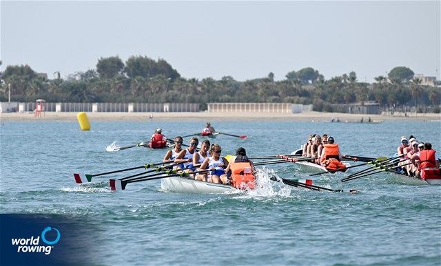 Maria Elena Zerboni (b), Annalisa Cozzarini, Giorgia Gregorutti, Samantha Premerl (s), Filippo Wiesenfeld (c), Coastal Women's Coxed Quadruple Sculls, C.C.SATURNIA -Trieste, Italy, 2023 World Rowing Coastal Championships, Barletta, Italy / © Detlev Seyb / MyRowingPhoto.com