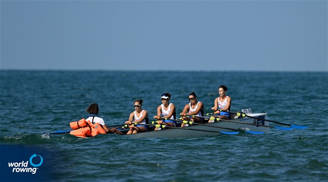Maria Cristina Flugy Pape' (b), Cristina Annella, Giovanna Schettino, Elena Joana Armeli (s), Riccardo Leo (c), Coastal Women's Coxed Quadruple Sculls, Canottieri Mondello ASD, Italy, 2023 World Rowing Coastal Championships, Barletta, Italy / © Detlev Seyb / MyRowingPhoto.com