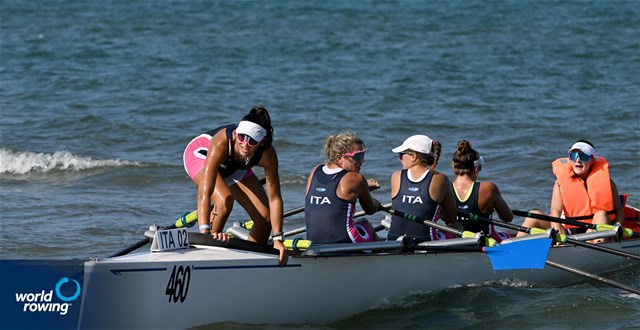 Maria Lanciano (b), Federica Chisena, Paola Piazzolla, Violante Lama (s), Maria Laura Pinto (c), Coastal Women's Coxed Quadruple Sculls, Composite - Barletta/Dibi, Italy, 2023 World Rowing Coastal Championships, Barletta, Italy / © Detlev Seyb / MyRowingPhoto.com