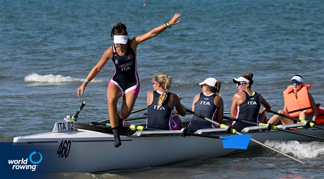 Maria Lanciano (b), Federica Chisena, Paola Piazzolla, Violante Lama (s), Maria Laura Pinto (c), Coastal Women's Coxed Quadruple Sculls, Composite - Barletta/Dibi, Italy, 2023 World Rowing Coastal Championships, Barletta, Italy / © Detlev Seyb / MyRowingPhoto.com