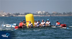Oskar Kroglowski (b), Moritz Marchart, Moritz Daniel Korthals, Emil Schmidberger (s), Elisa Trog (c), Coastal Men's Coxed Quadruple Sculls, Stuttgarter Rudergesellschaft von 1899 e.V., Germany, 2023 World Rowing Coastal Championships, Barletta, Italy / © Detlev Seyb / MyRowingPhoto.com