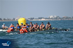 Toby Garbett (b), Michael Brake, Joseph Sullivan, Matthew Dunham (s), Ramon Sanchez (c), Coastal Men's Coxed Quadruple Sculls, New Zealand Rowing, Great Britain, 2023 World Rowing Coastal Championships, Barletta, Italy / © Detlev Seyb / MyRowingPhoto.com