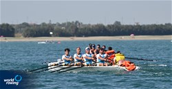Lorenzo Caprile (b), Perino Enrico, Guglielmo Melegari, Pietro Sitia (s), Fabio Siracusa (c), Coastal Men's Coxed Quadruple Sculls, S.S: Murcarolo ASD, Italy, 2023 World Rowing Coastal Championships, Barletta, Italy / © Detlev Seyb / MyRowingPhoto.com