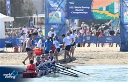 Harry Jackson (b), Alvin Foy, Rory Nolan, Christopher Barton (s), Niamh Peakman (c), Coastal Men's Coxed Quadruple Sculls, Runcorn Rowing Club, Great Britain, 2023 World Rowing Coastal Championships, Barletta, Italy / © Detlev Seyb / MyRowingPhoto.com