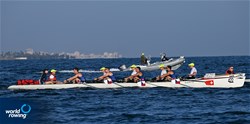 John Huppi (b), Michael Mckay, Philip Hoyle, Alexander Delsordo (s), Whitney Powell (c), Coastal Men's Coxed Quadruple Sculls, Finish Line Shell Repair, Switzerland, 2023 World Rowing Coastal Championships, Barletta, Italy / © Detlev Seyb / MyRowingPhoto.com