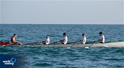 Lorenz Bosse (b), Theodor Theo Krug, Hendrik Piessnack, Marcus Albrecht (s), Emil Hennies (c), Coastal Men's Coxed Quadruple Sculls, Sportschule im Olympiapark - Poelchau-Schule, Germany, 2023 World Rowing Coastal Championships, Barletta, Italy / © Detlev Seyb / MyRowingPhoto.com
