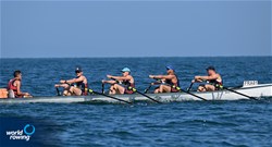 Alexis Lollivier (b), Yannick Beaudelot, Kerrian Boulay, Clement Thomas (s), Romain Maudet (c), Coastal Men's Coxed Quadruple Sculls, Societe Nautique De La Baie De Saint-Malo, France, 2023 World Rowing Coastal Championships, Barletta, Italy / © Detlev Seyb / MyRowingPhoto.com