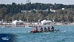Satoshi Sakaguchi (b), Takayuki Shiina, Asahi Sugiura, Romeo Mednis (s), Yuki Kasatani (c), Coastal Men's Coxed Quadruple Sculls, Swift Racing Japan, Japan, 2023 World Rowing Coastal Championships, Barletta, Italy / © Detlev Seyb / MyRowingPhoto.com