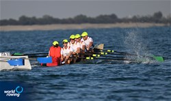 Maiko-Benedikt Remmers (b), Hendrik Nagel, Christian Aloys Vennemann, Malte Hein (s), Anja Nordmann (c), Coastal Men's Coxed Quadruple Sculls, Allemannia von 1866 e. V., Hamburg, Germany, 2023 World Rowing Coastal Championships, Barletta, Italy / © Detlev Seyb / MyRowingPhoto.com