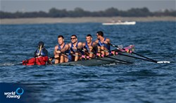 John Huppi (b), Michael Mckay, Philip Hoyle, Alexander Delsordo (s), Whitney Powell (c), Coastal Men's Coxed Quadruple Sculls, Finish Line Shell Repair, Switzerland, 2023 World Rowing Coastal Championships, Barletta, Italy / © Detlev Seyb / MyRowingPhoto.com