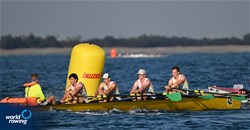 Jorik Van Veen (b), Stan Jansen, Igor De Koning, Thomas Janssen (s), Iede Adrichem (c), Coastal Men's Coxed Quadruple Sculls, W.S.R. 'Argo', Netherlands, 2023 World Rowing Coastal Championships, Barletta, Italy / © Detlev Seyb / MyRowingPhoto.com